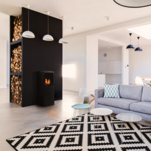 Stylish grey and white living room with comfortable sofa, modernist fireplace and patterned carpet